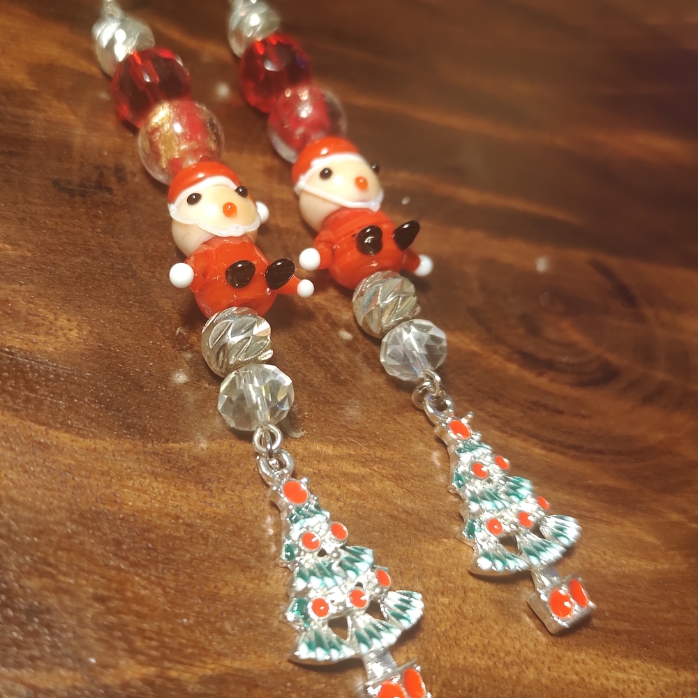Handmade Festive Crystal Santa and Christmas Tree Earrings